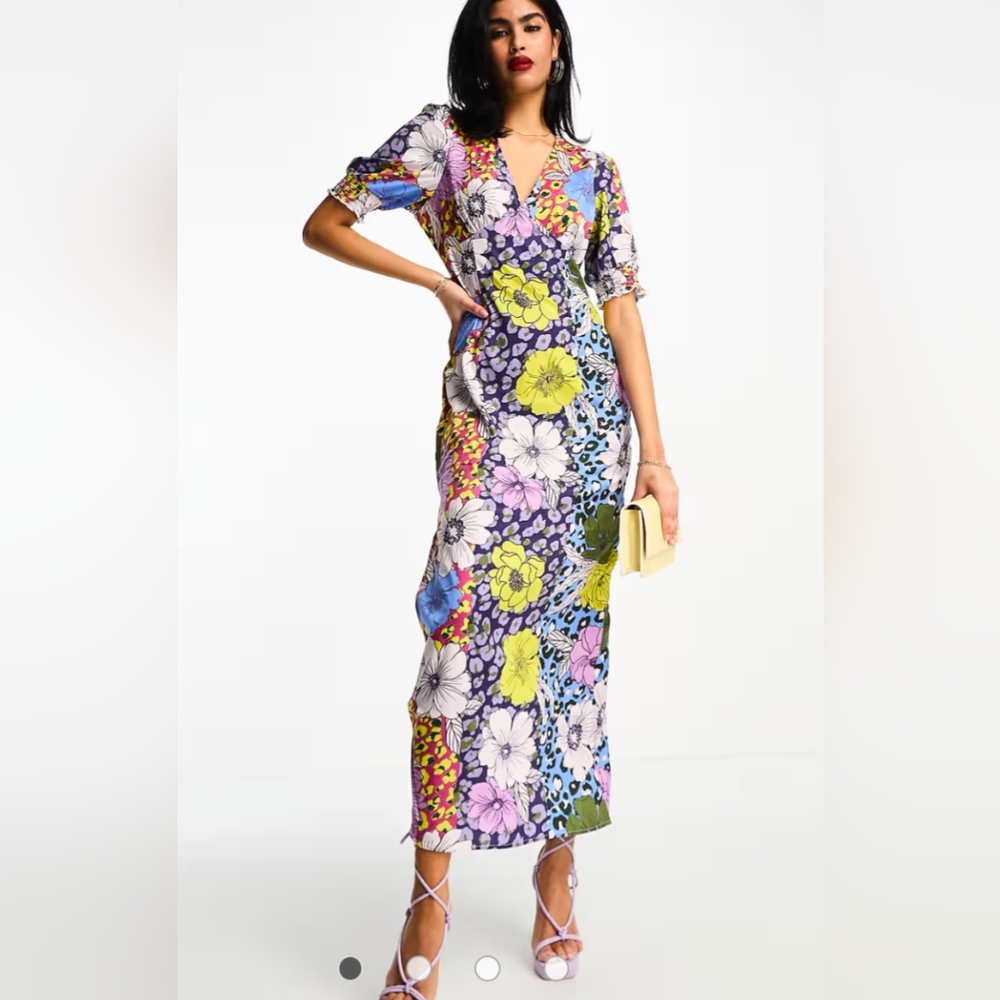 NWT Vila v neck midi tea dress with side split in mixed floral print - Picture 1 of 9